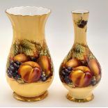2X Aynsley 'Orchard Gold' hand painted vases with fruit design. Height 16.5 cm.