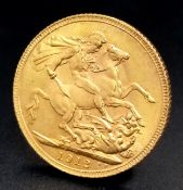A 1912 George V Full Sovereign Coin. 22k gold.