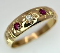 An 18K YELLOW GOLD ANTIQUE DIAMOND AND RUBY RING 4.2G SIZE Q HALLMARKED LONDON 1910. Ref: SC 7080