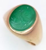 A 14k Yellow Gold Green Chrysoprase Signet Ring. Intaglio carving of the God Mercury. Size S 1/2.