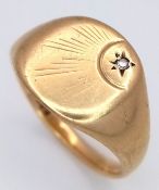 A GENTS 9K GOLD VINTAGE SIGNET RING WITH SMALL DIAMOND . 5.9gms size U