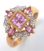 A FABULOUS REGAL LOOKING 14K GOLD RING WITH AMETHYST AND DIAMONDS. 4.24gms size O