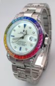 A Custom Rolex Submariner Watch with Rainbow Gem-Set Bezel. Stainless steel diamond set bracelet and