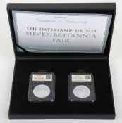 A set of two silver Britannias, Datestamp 2023 Silver Britannia Pair, in box