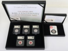 Set of five Datestamp 50p's 2021 RBL Centenary with another Datestamp 50p, both in boxes, (2)