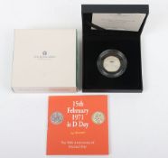 Royal Mint The 50th Anniversary of Decimal Day Silver Proof Piedfort 50p, in box with papers