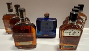 8 X BRAND NEW MIXED WHISKEY LOT TO INCLUDE JACK DANIELS GENTLEMAN JACK 70CL - WOODFORD RESERVE