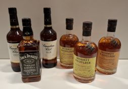 6 X BRAND NEW MIXED WHISKEY LOT TO INCLUDE 1 X JACK DANIELS - 3 X MONKEY SHOULDER - 2 X CANADIAN