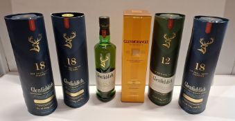 6 X BRAND NEW MIXED WHISKEY LOT TO INCLUDE 3X BOXED GLENFIDDICH SINGLE MALT SCOTCH WHISKEY 18 - 2X