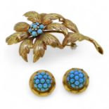 A turquoise brooch, together with a pair of ear studs,