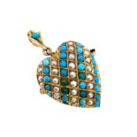 A turquoise and split pearl heart pendant/brooch,