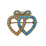 A split pearl and turquoise double heart brooch,