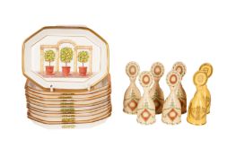 A SET OF HALCYON DAYS DISHES TOGETHER WITH CANDLE SNUFFERS