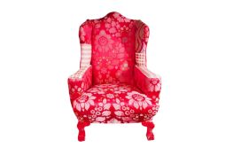 A CONTEMPORARY LIBERTY WINGBACK ARMCHAIR UPHOLSTERED IN GAINSBOROUGH SILK