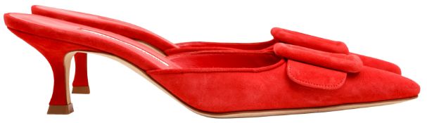 Manolo Blahnik Red Maysale Kitten Heeled Mule - Size 37