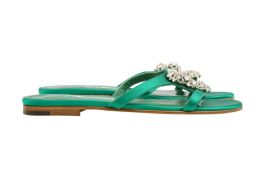 Manolo Blahnik Green Trinamu Embellished Flat Sandal - Size 37