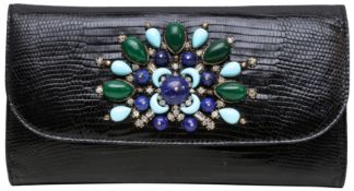 λBvlgari Black Shiny Lizard Gems Clutch