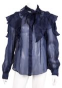 Ralph & Russo Navy Silk Organza Frill Blouse - Size 44