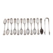 A set of George IV sterling silver teaspoons and sugar tongs, London 1823 by William Eley and Willia