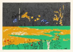 § David Michie O.B.E. R.S.A. (British, 1928-2015) Garden, Dark Border with Blue Irises