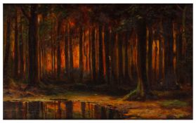 British School (20th Century) Sunset through a forest 