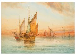 J Hill (British late 19th- early 20th Century) Sailboats at Sunset