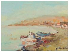 German School (20th Century), possibly Herbert Stranz (German, b. 1931) Boats at the waters edge