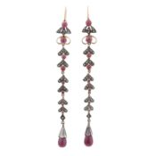 A pair of ruby and diamond hook earrings