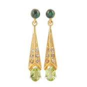 A pair of peridot, aventurine, and diamond pendent earrings