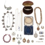 A collection of silver, costume jewellery, and a watch