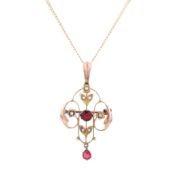A garnet and seed pearl pendant necklace