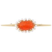 A fire opal pearl bar brooch