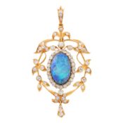 An opal and diamond pendant, early 20th century