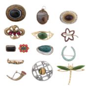 A collection of brooches