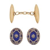 A pair of enamel and diamond plaques and a cufflink