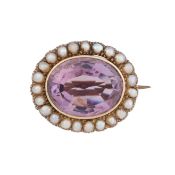 An amethyst and seed pearl brooch