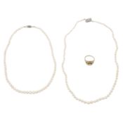 Two pearl necklaces and a citrine ring