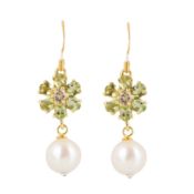 A pair of pearl, peridot, and paste pendent earrings