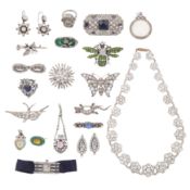 A collection of paste jewellery and a watch