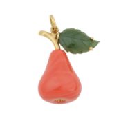 A coral and nephrite pear pendant