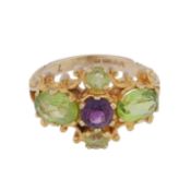 An amethyst and peridot ring