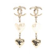 CHANEL Coco Mark Earrings, Gold Plated with Faux Pearls, Women's, and White
