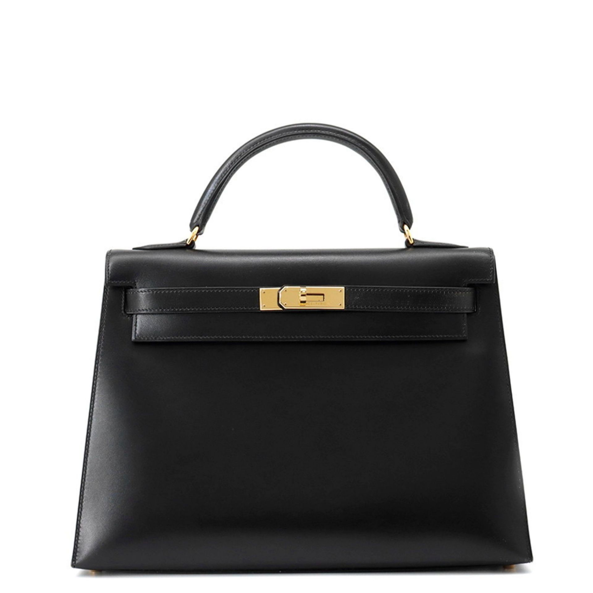 Hermès Kelly 32 Handbag, Black Box Calf Leather, with Exterior Stitching, C Stamp, HERMES 2-Way Bag,