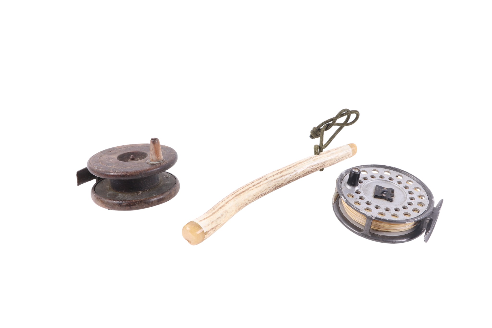 A Hardy Bros fly reel “The Viscount 140” 3.5inch; a mahogany star back reel; together with an antler