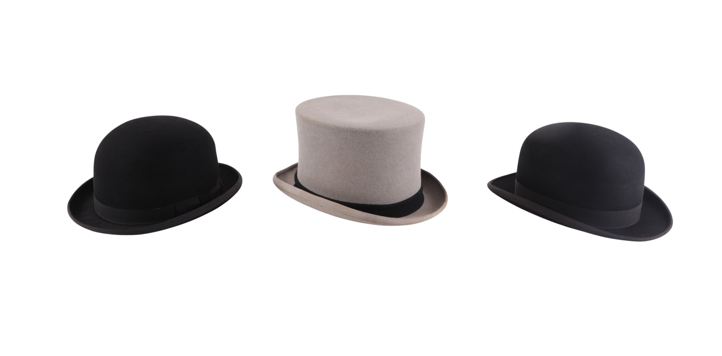 A Moss Bros grey top hat; together with a Moss Bros bowler hat and a Dunn & Co bowler hat (3).