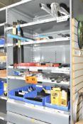 LOT/ CONTENTS OF SHELF - INCLUDING MEASURING TOOLS, HAND TOOLS, WRENCHES, SOCKETS, PIPE WRENCHES,