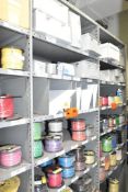 LOT/ CONTENTS OF SHELF - INCLUDING ELECTRICAL BOXES, ELECTRICAL CABLE - VARIOUS SIZES