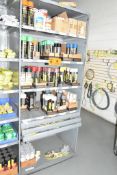 LOT/ CONTENTS OF SHELF - INCLUDING SPRAY PAINT - VARIOUS COLOURS, CHEMICALS, GASKETS