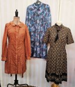 Various vintage dress of 1970's, 80's etc., a brown cotton shirt dress, box pleats, puff