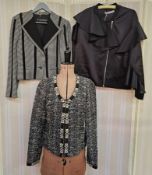 Navy and white tweed three-quarter length jacket, collarless, three button fastening labelled '